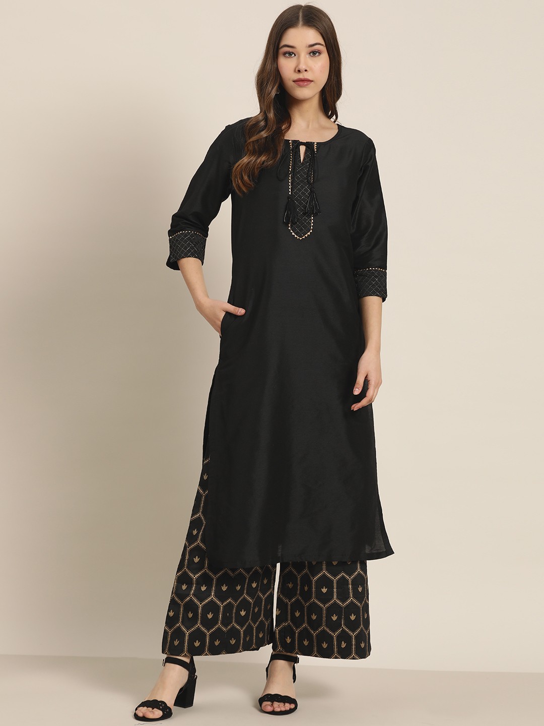 

Sangria Women Black & Golden Yoke Design Kurta with Palazzos