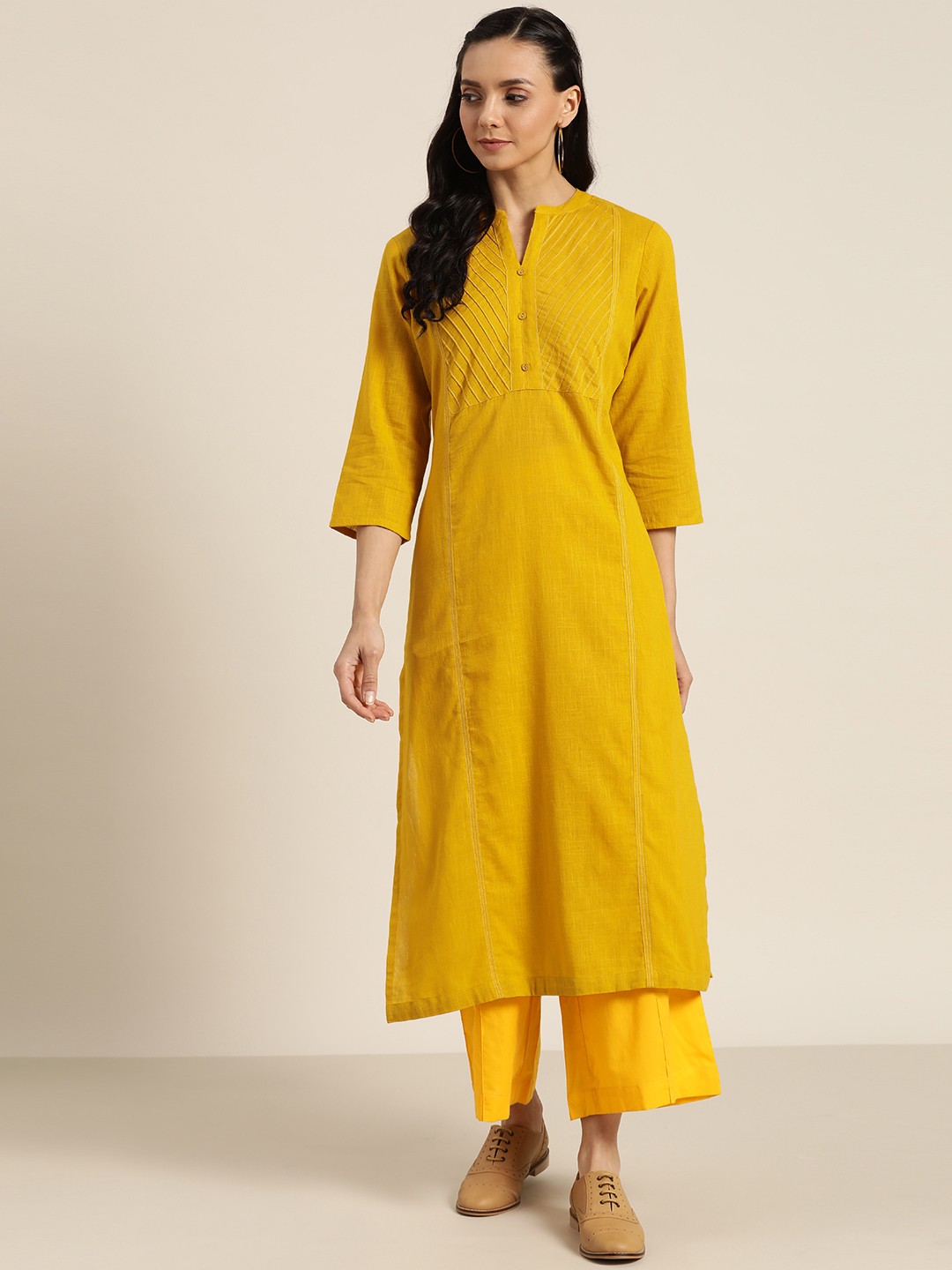 

Sangria Women Mustard Yellow Pure Cotton Yoke Design Straight Kurta