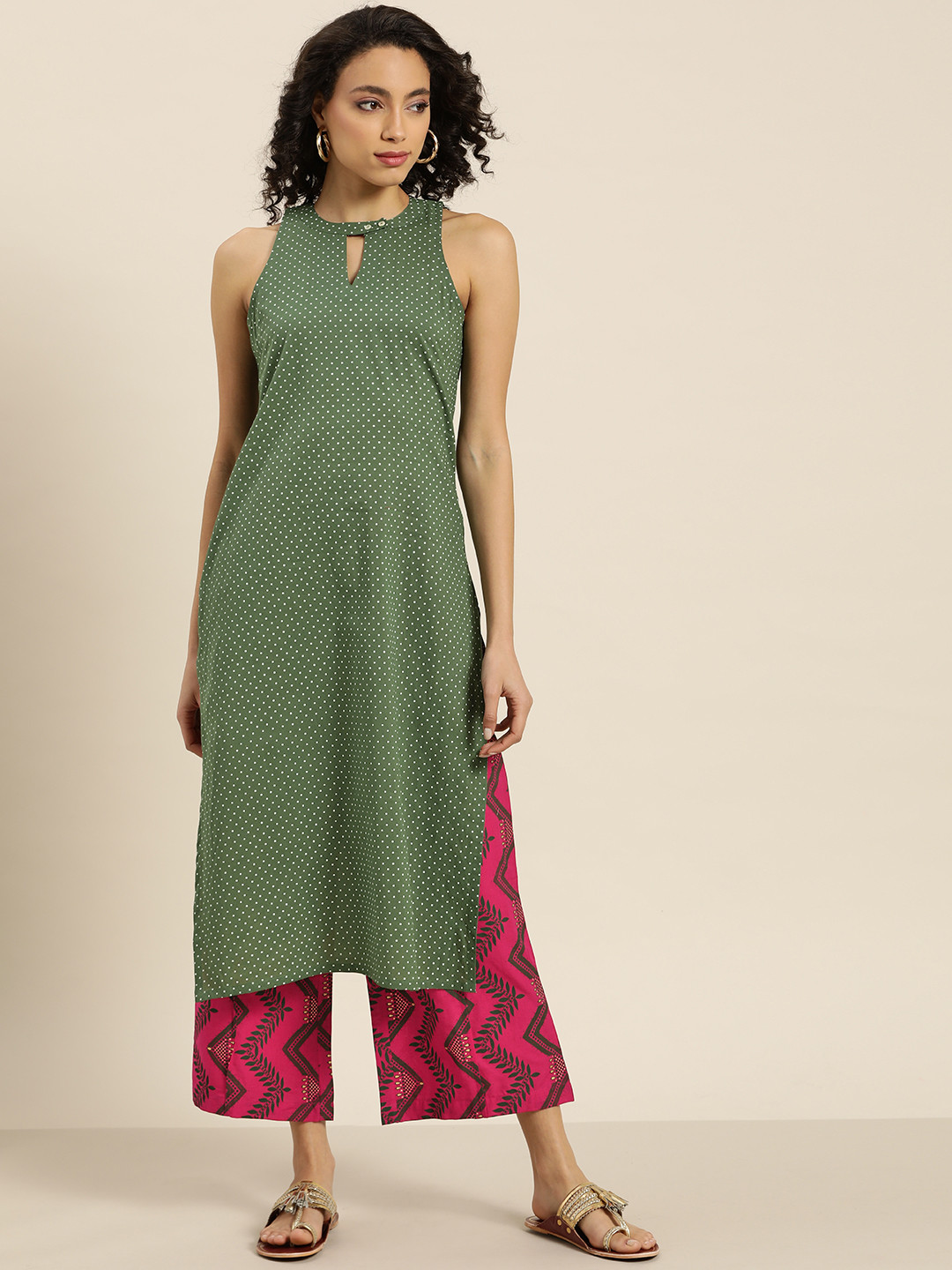 

Sangria Women Green & White Pure Cotton Printed Kurta with Palazzos