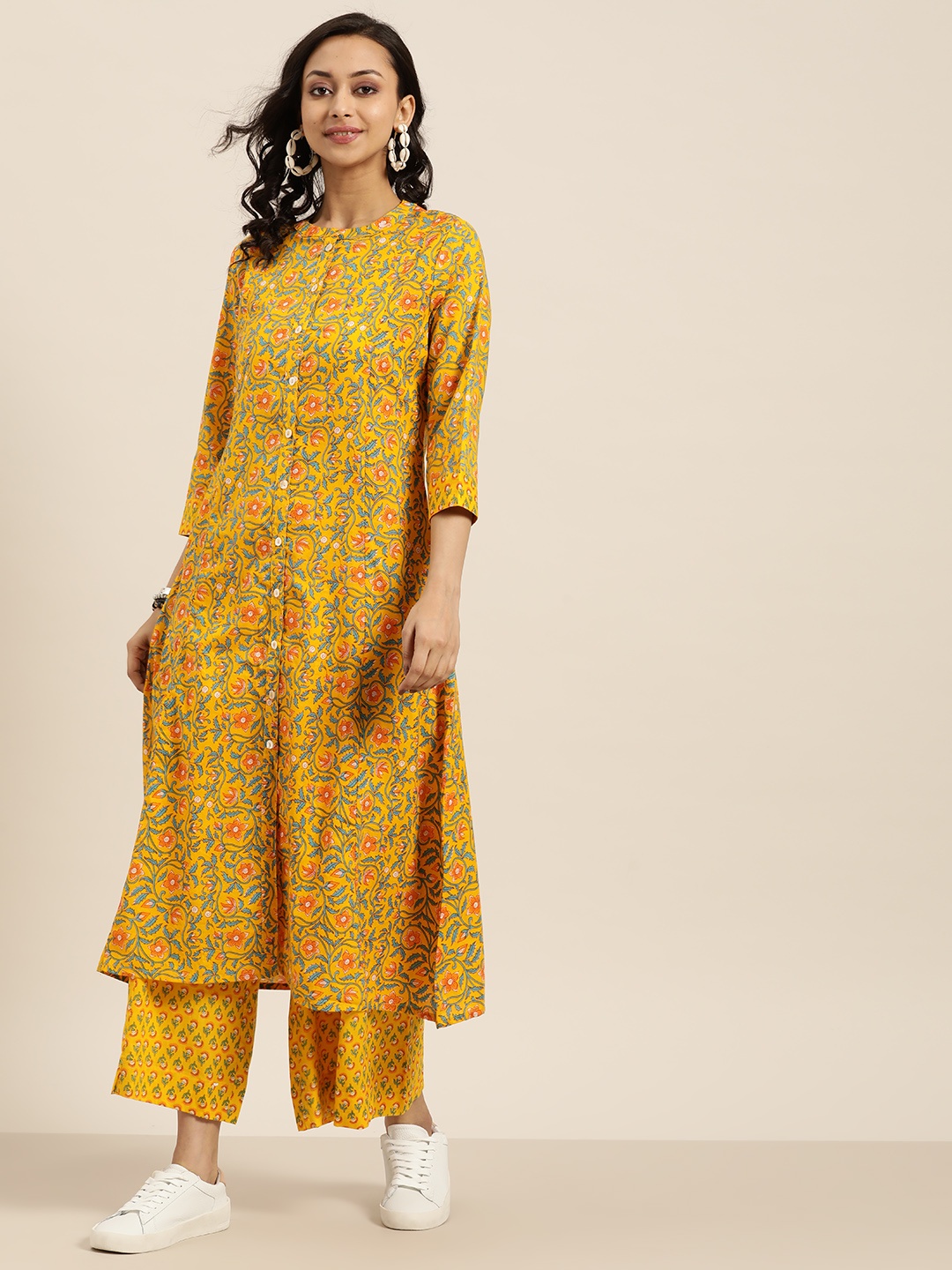 

Sangria Women Pure Cotton Mustard Yellow & Blue Floral Printed Kurta with Palazzos