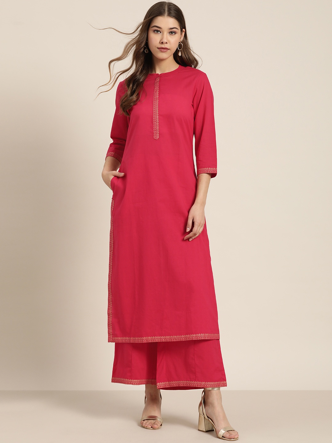 

Sangria Women Pink Solid Straight Kurta with Palazzos