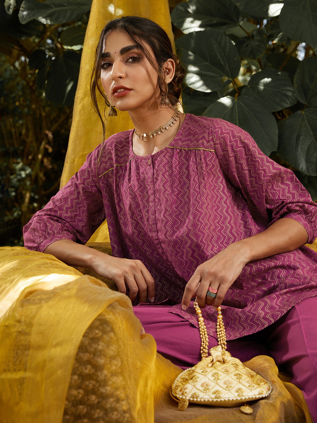 

Sangria Women Purple & Golden Printed Kurti with Palazzos