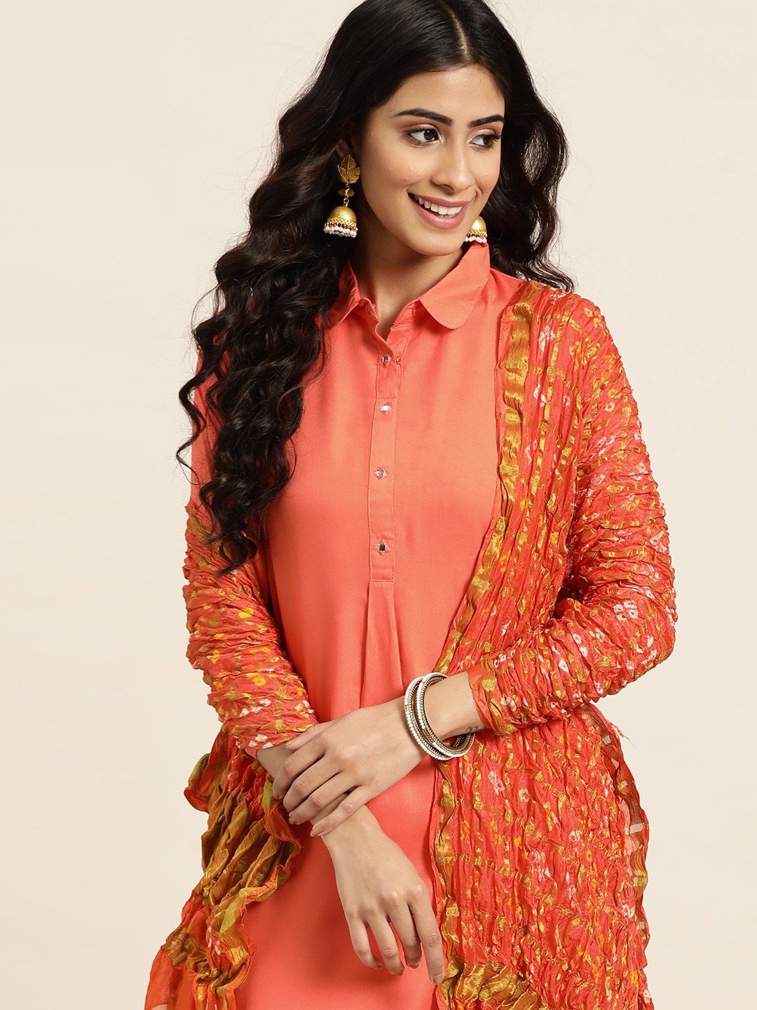 

Sangria Women Coral Orange Solid Kurta with Palazzos & Dupatta
