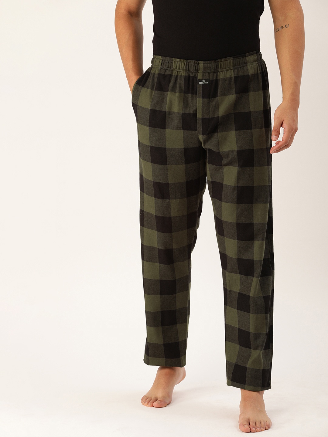 

Hancock Men Olive Green & Black Checked Lounge Pants