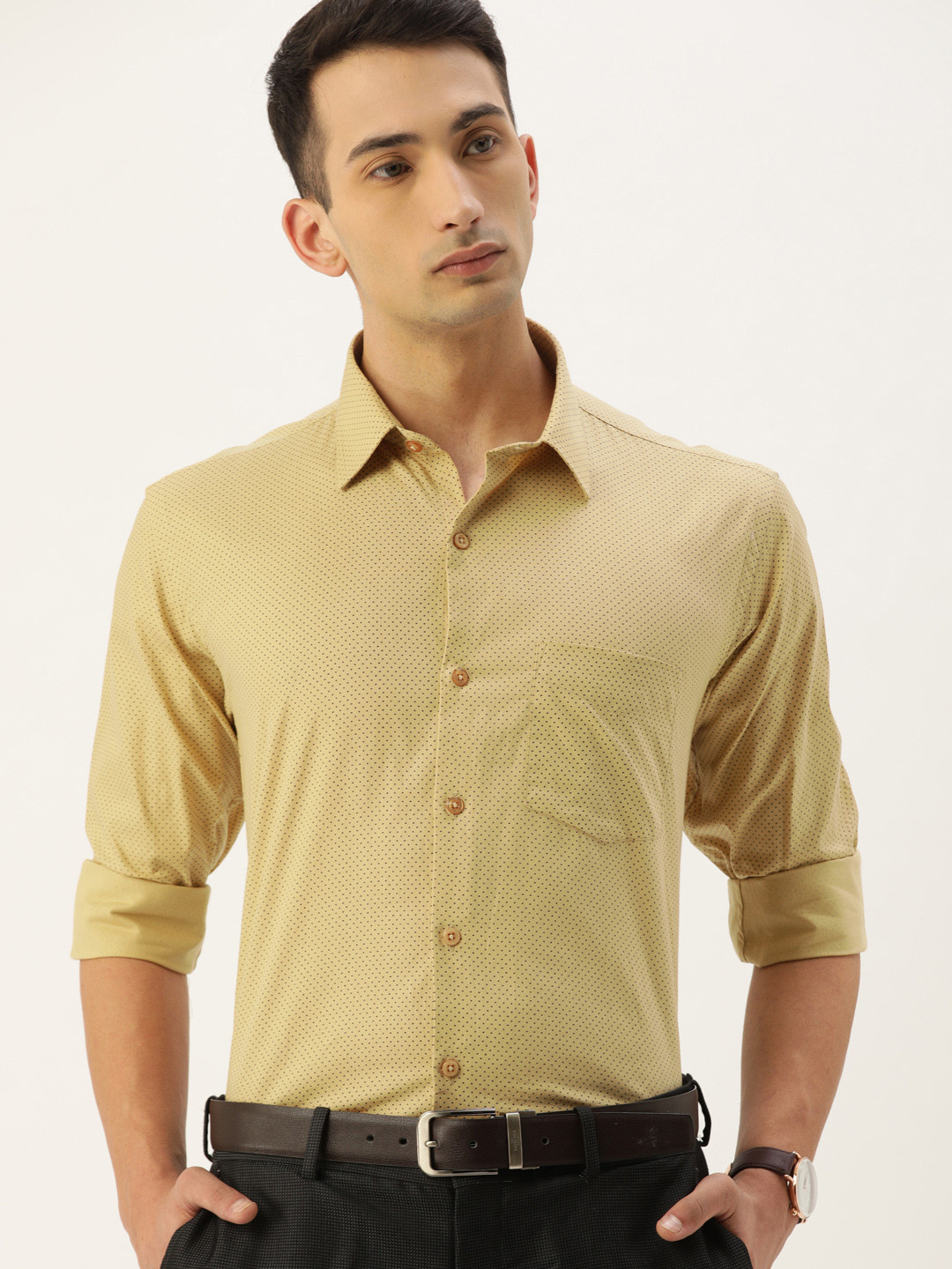 

English Navy Men Beige Slim Fit Printed Formal Shirt