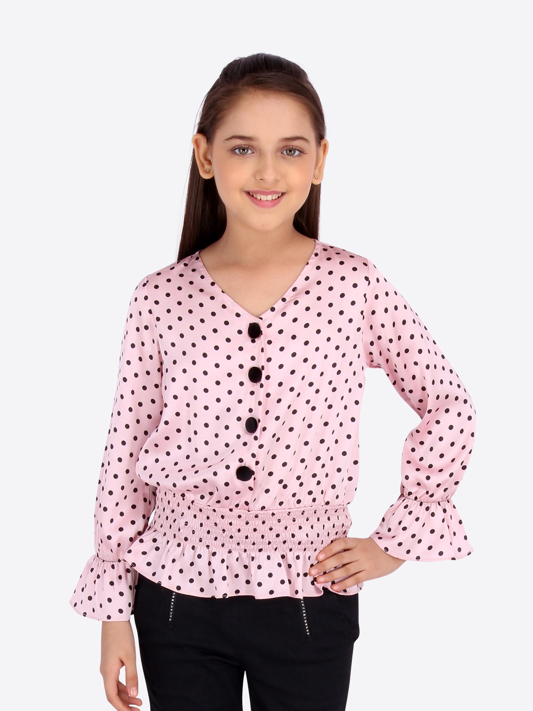 

CUTECUMBER Girls Pink Polka Dots Printed Smocked Cinched Waist Top