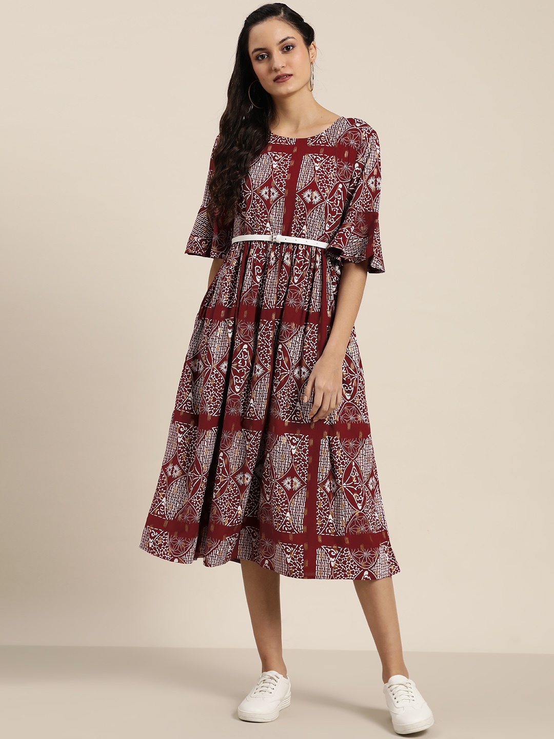 

Sangria Women Maroon & White Printed Pure Cotton A-line Dress