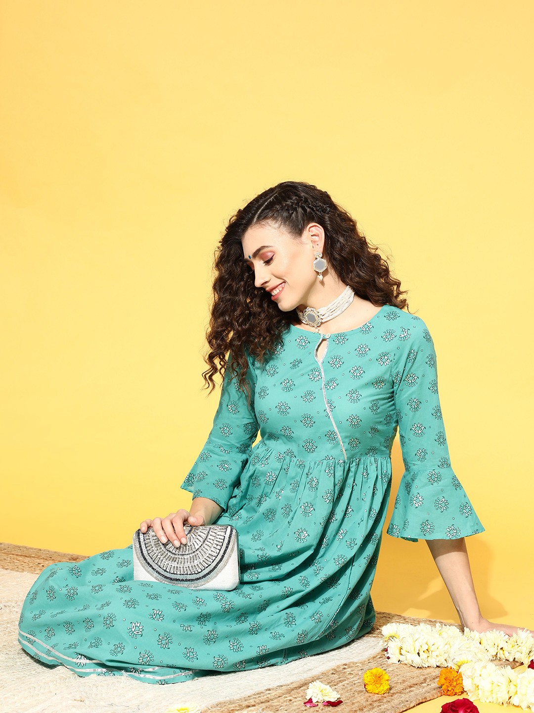 

Sangria Women Blue Pure Cotton Ethnic Motifs Printed Gotta Patti A-line Kurta with Palazzo