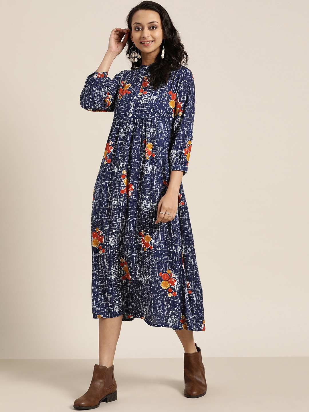 

Sangria Women Navy Blue & White Printed A-Line Dress