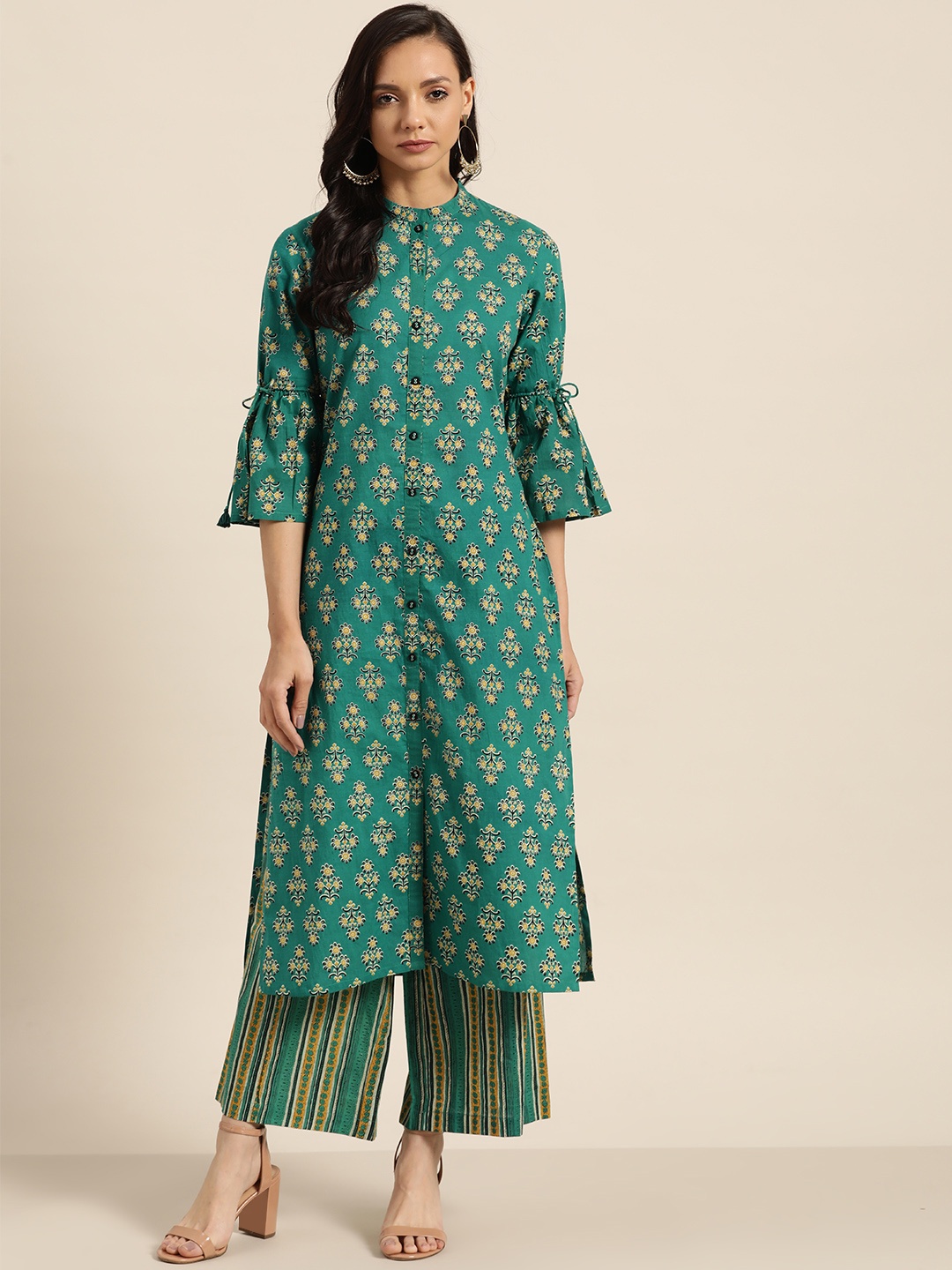 

Sangria Women Teal Blue & Yellow Printed Kurta with Palazzos