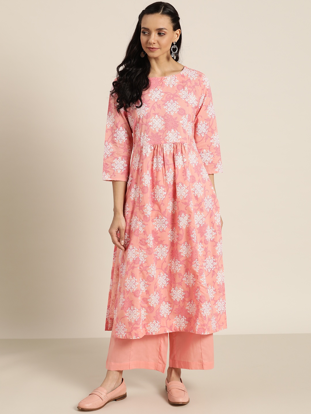 

Sangria Women Pink & White Printed Pure Cotton Kurta with Palazzos