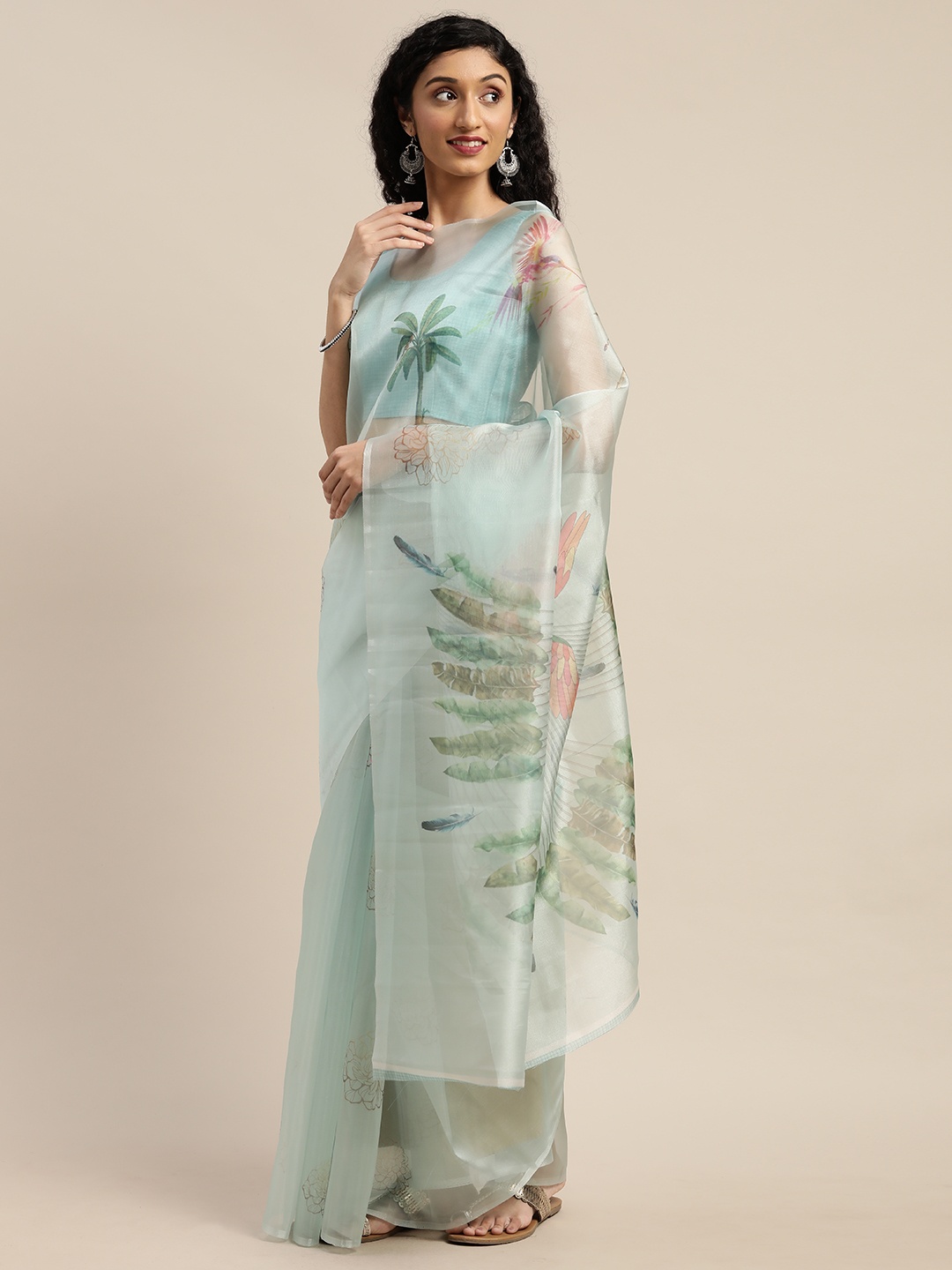 

Rajnandini Blue & Green Organza Floral Printed Semi Sheer Saree