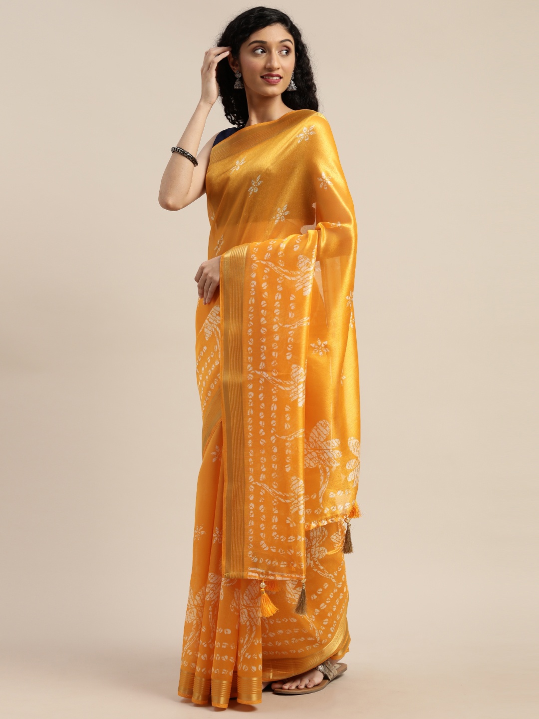 

Rajnandini Mustard Yellow & White Silk Cotton Printed Dabu Saree