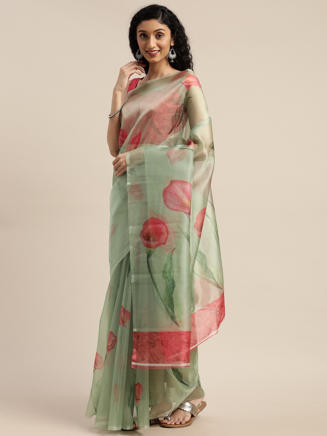 

Rajnandini Olive Green & Pink Organza Floral Printed Semi Sheer Saree