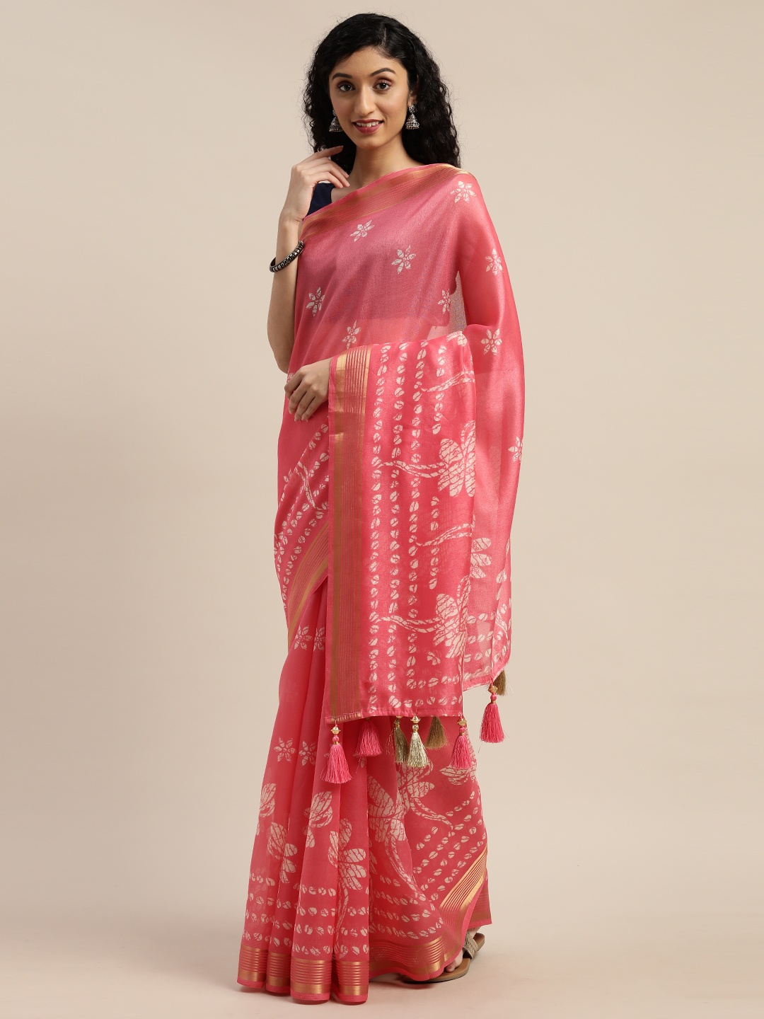

Rajnandini Pink & White Silk Cotton Printed Dabu Saree