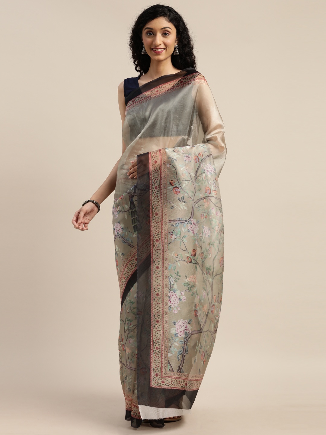 

Rajnandini Beige & Green Organza Printed Saree