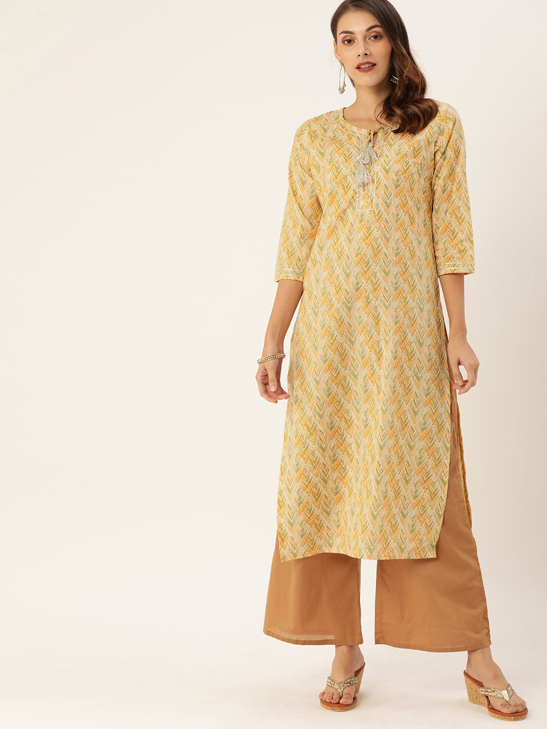 

Rajnandini Women Beige & Orange Chevron Printed Zari Trim Straight Kurta
