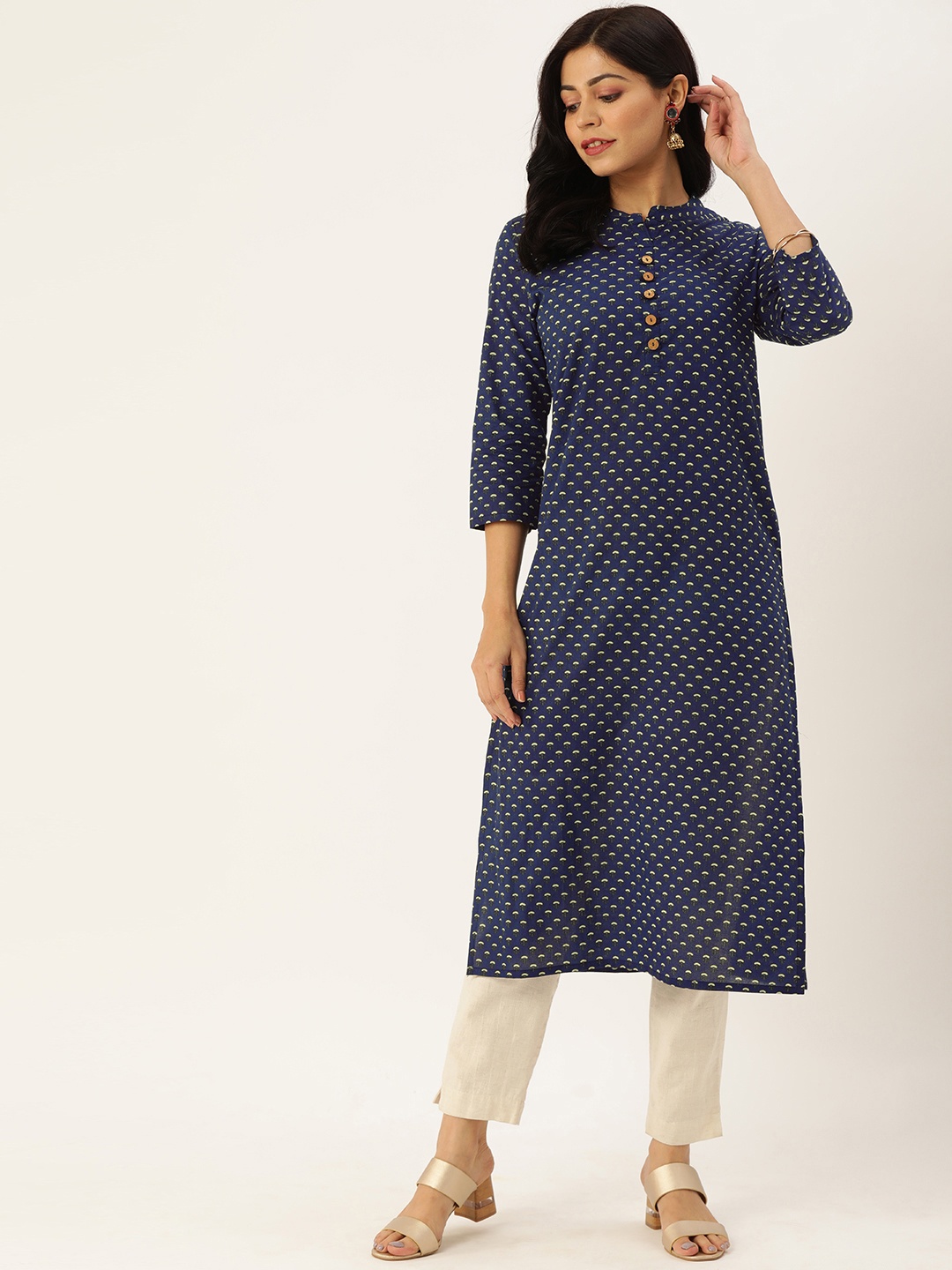 

Rajnandini Women Navy Blue & Beige Printed Straight Kurta