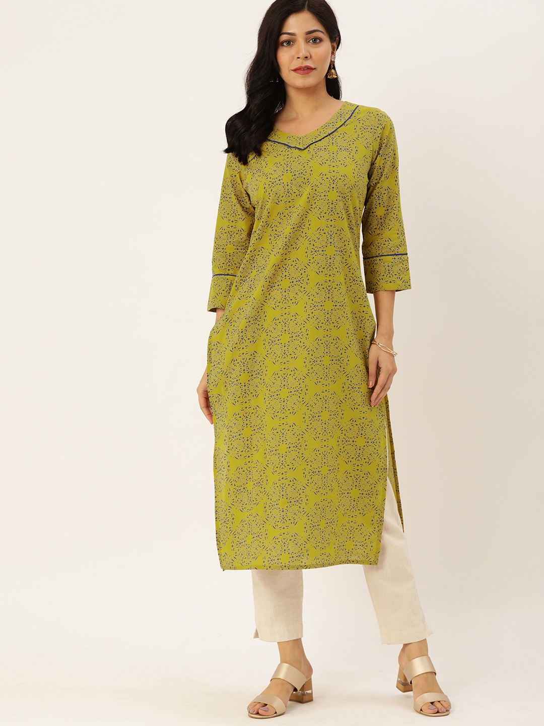 

Rajnandini Women Olive Green & Navy Blue Printed Straight Kurta