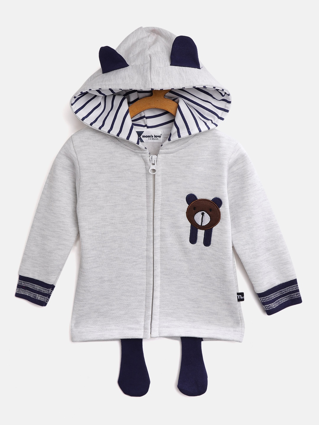 

Moms Love Infant Boys Grey Melange & Navy Blue Solid Cotton Hood Sweatshirt with Applique