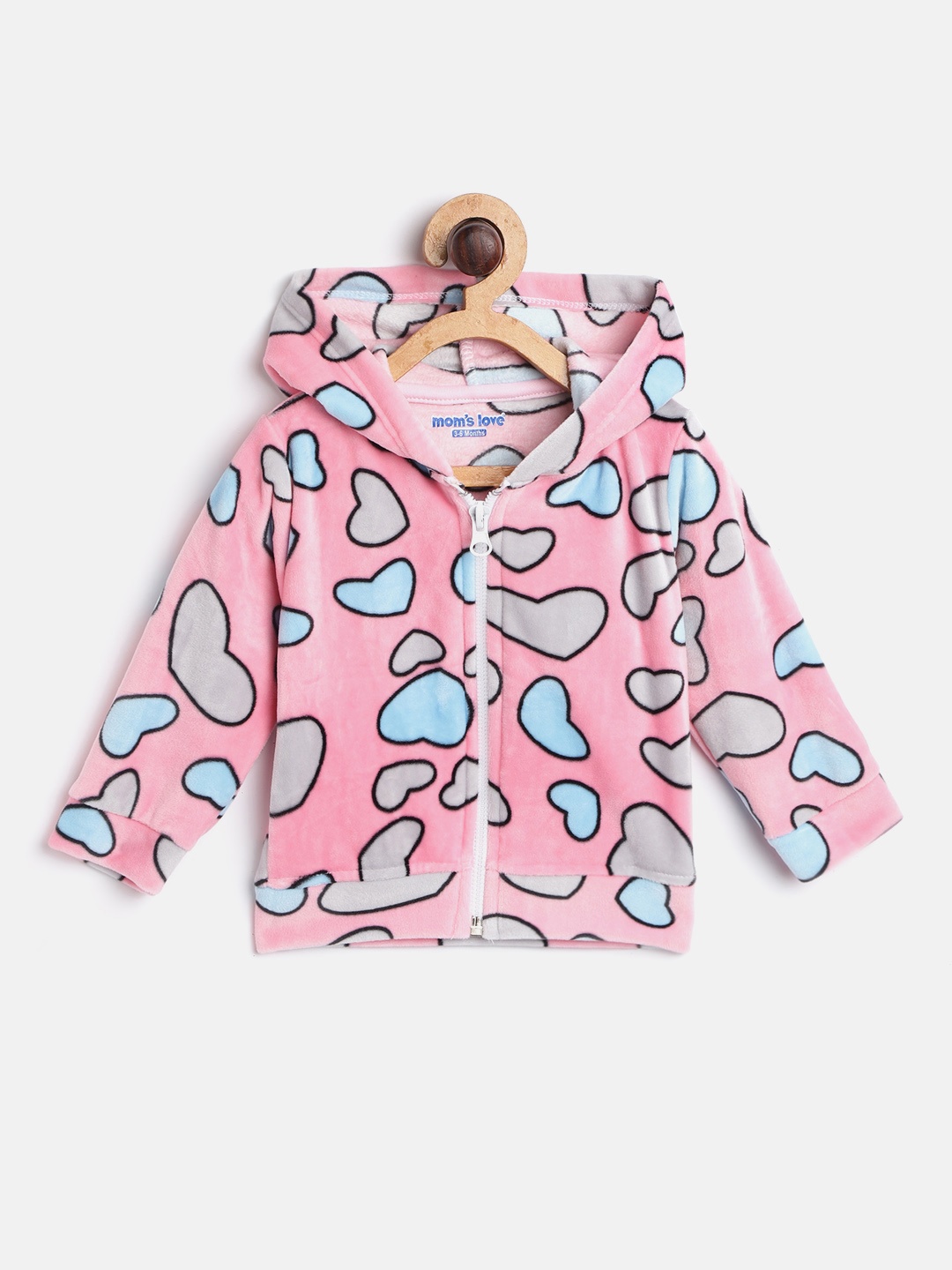 

Moms Love Infant Girls Pink & Blue Heart Print Pure Cotton Hooded Velvet Finish Sweatshirt