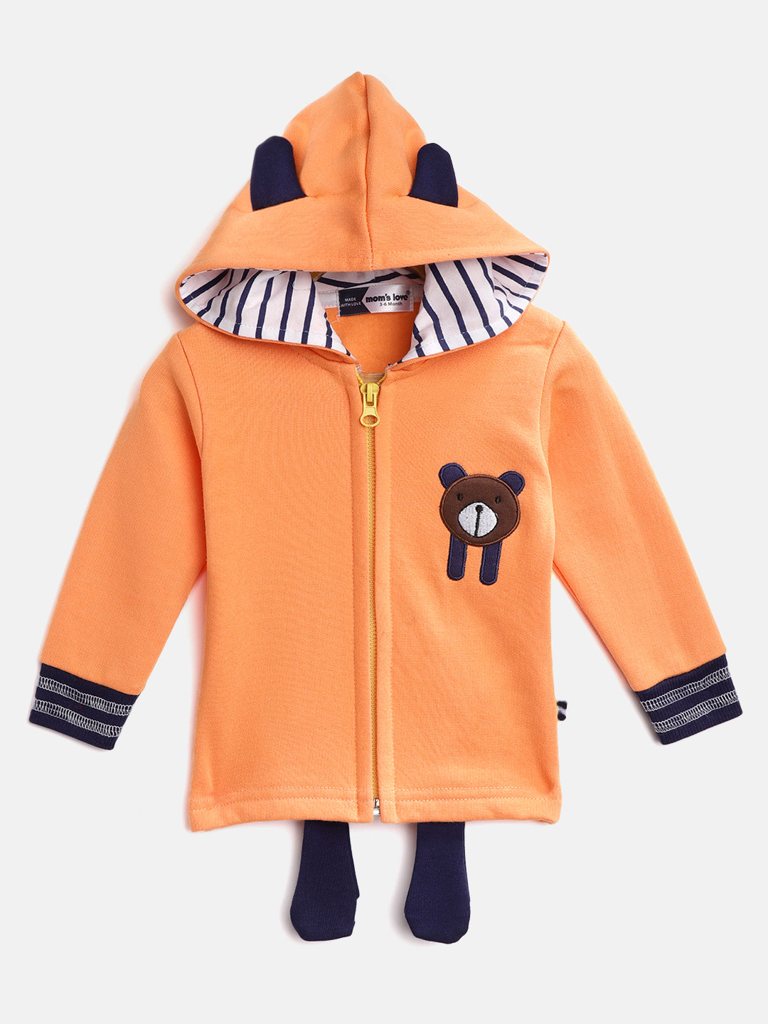 

Moms Love Infant Boys Orange Solid Hooded Cotton Sweatshirt with Teddy Bear Applique