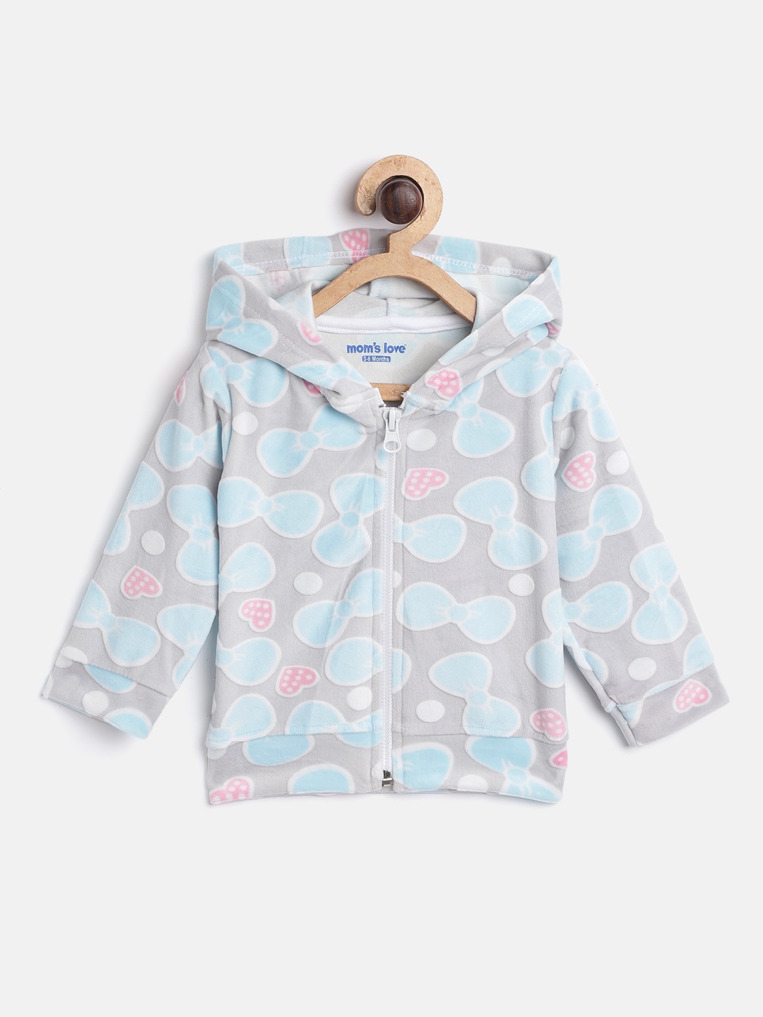 

Moms Love Infant Girls Grey & Blue Bow Print Pure Cotton Hooded Velvet Finish Sweatshirt