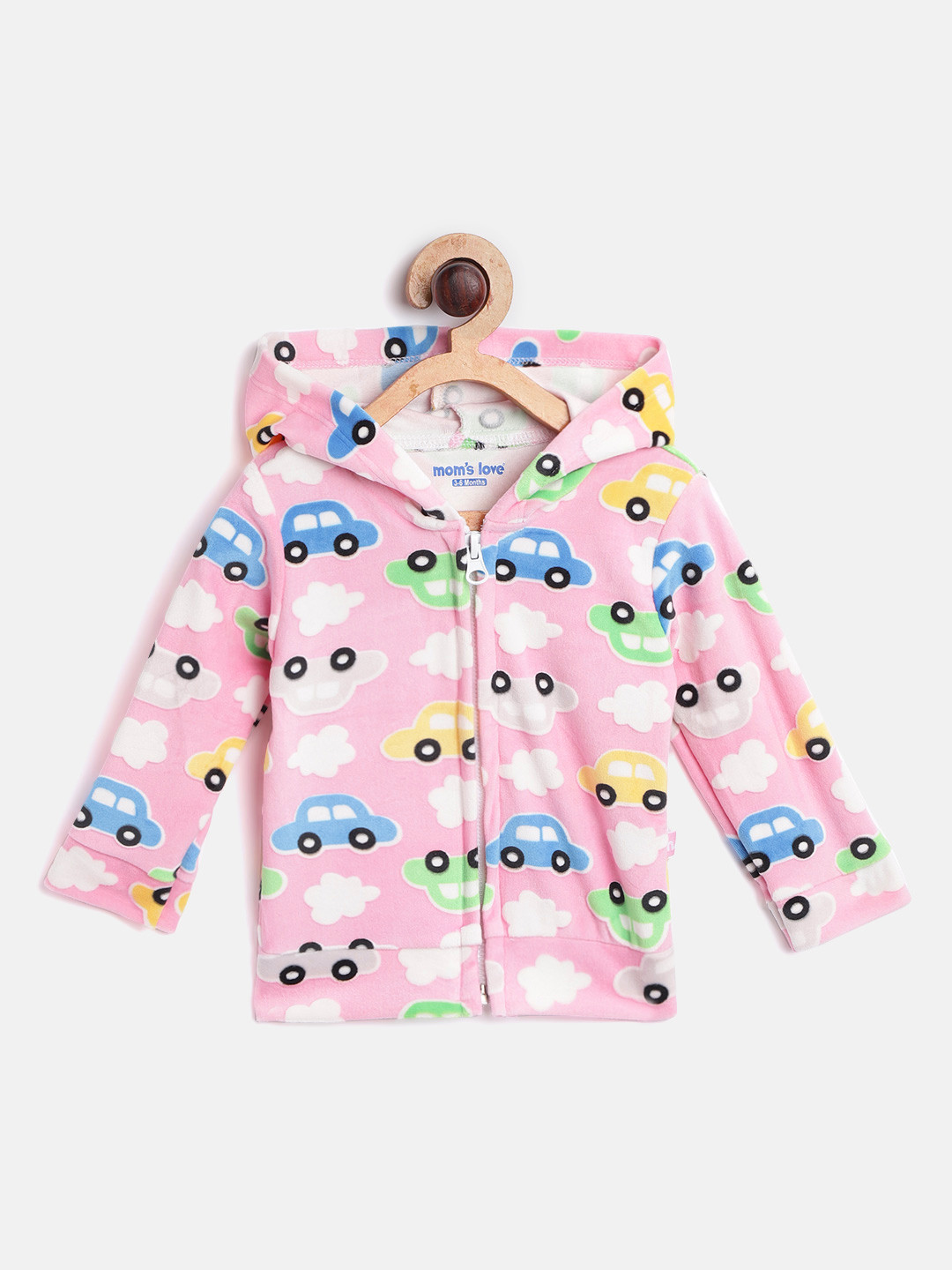 

Moms Love Infant Girls Multicoloured Car Print Pure Cotton Hooded Velvet Finish Sweatshirt, Multi
