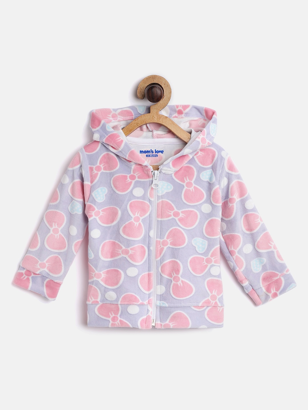 

Moms Love Infant Girls Purple & Pink Bow Print Pure Cotton Hooded Velvet Finish Sweatshirt
