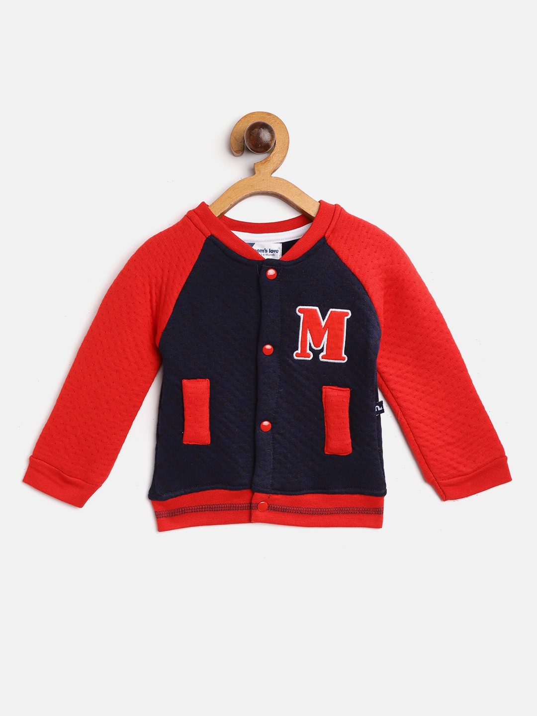 

Moms Love Infant Boys Navy Blue & Red Pure Cotton Bomber Jacket with Applique Detail
