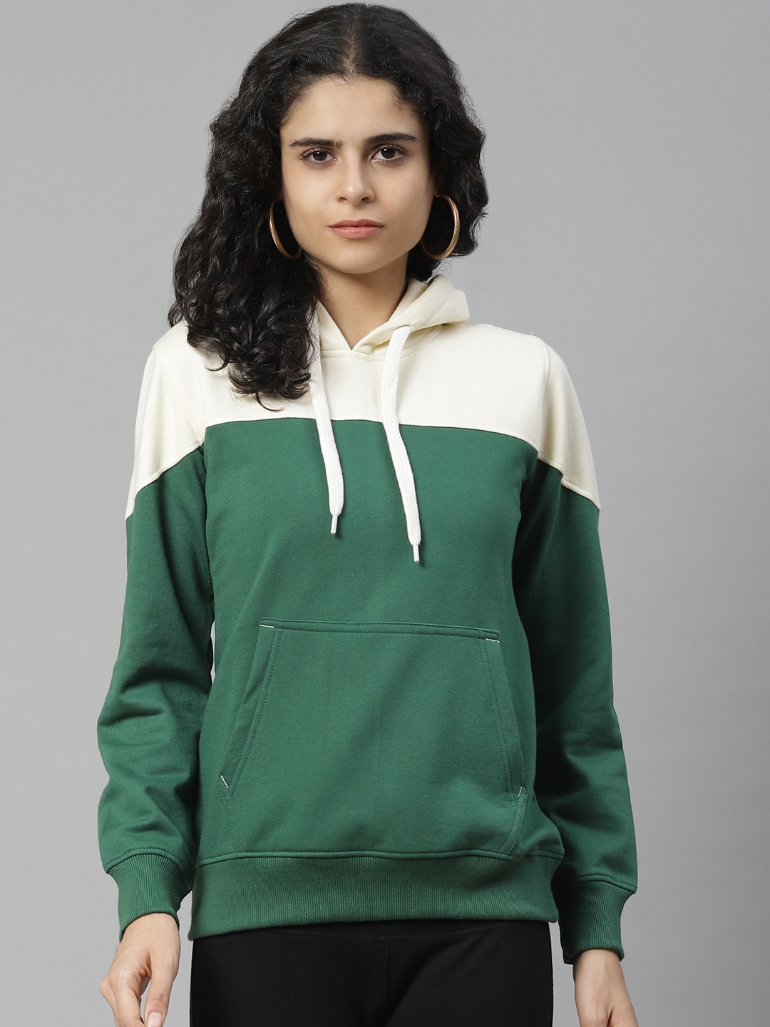 

BREIL BY FORT COLLINS Women Green & Off-White Colourblocked Hooded Sweatshirt