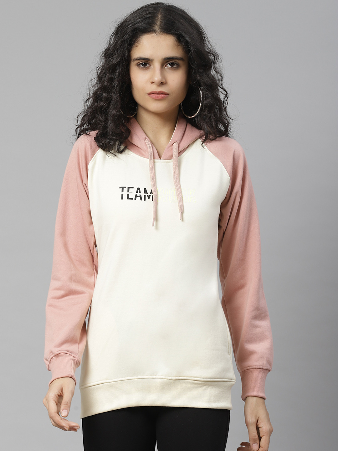 

BREIL BY FORT COLLINS Women Cream-Coloured & Pink Solid Hooded Sweatshirt