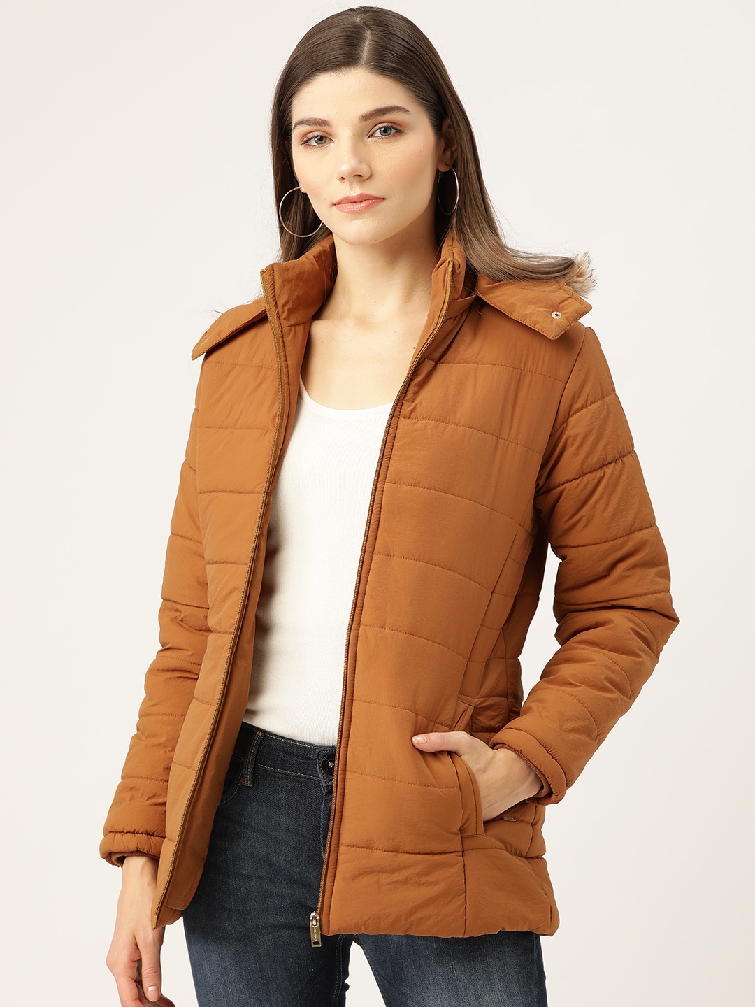 

Okane Women Brown Solid Parka Jacket with Detachable Hood