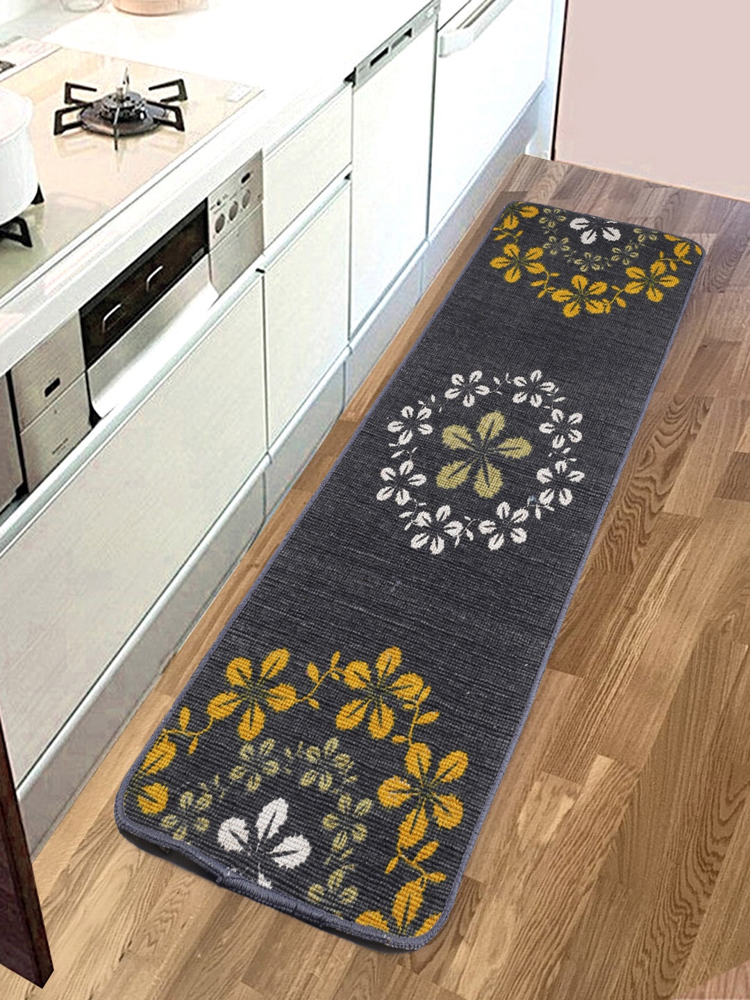 

Saral Home Unisex Grey & White Floral Printed Kitchen Runner