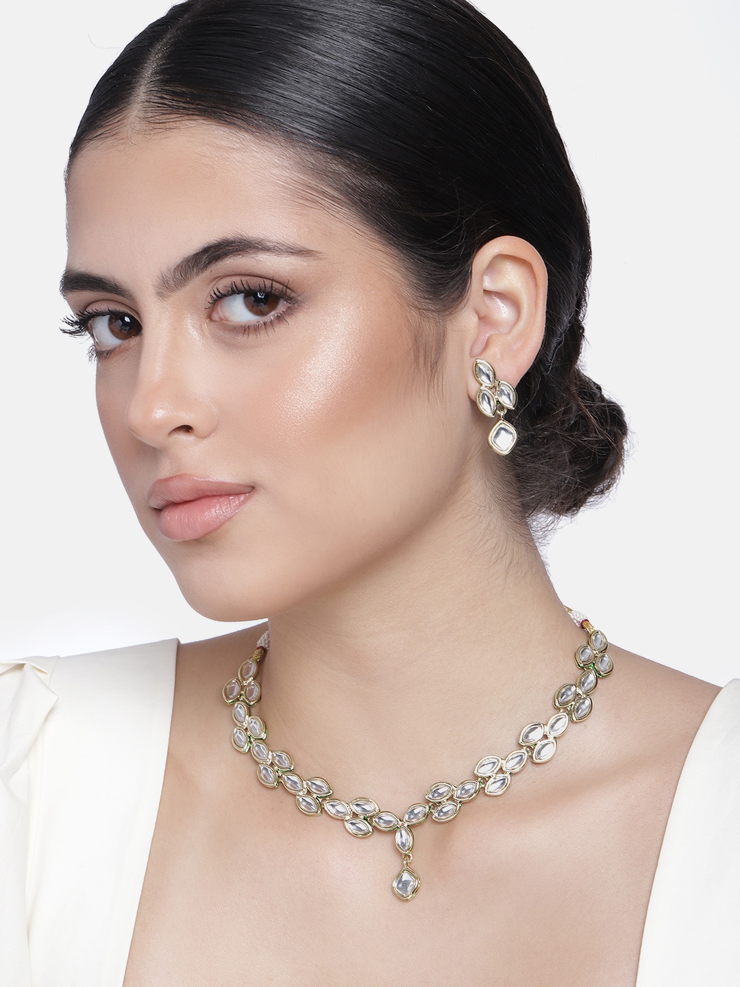 

Estele Gold Plated Traditional Leaf Designer Kundan Necklace Set for Women