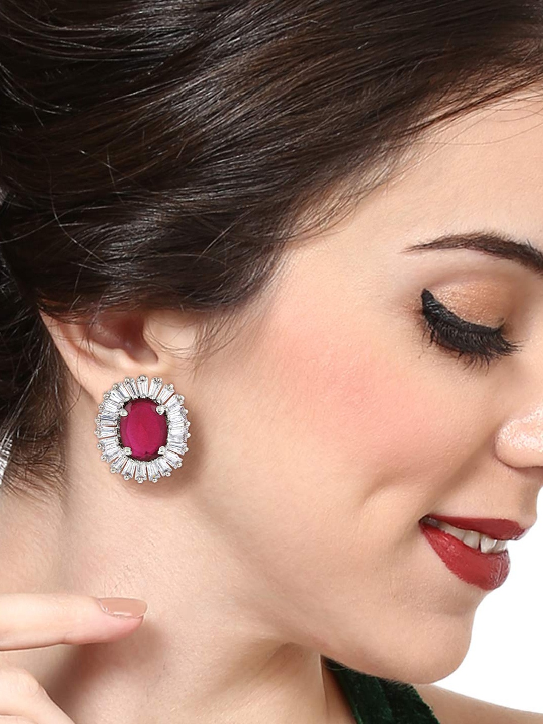 

Estele Pink & Rhodium-Plated Zircon Embellished Oval Studs