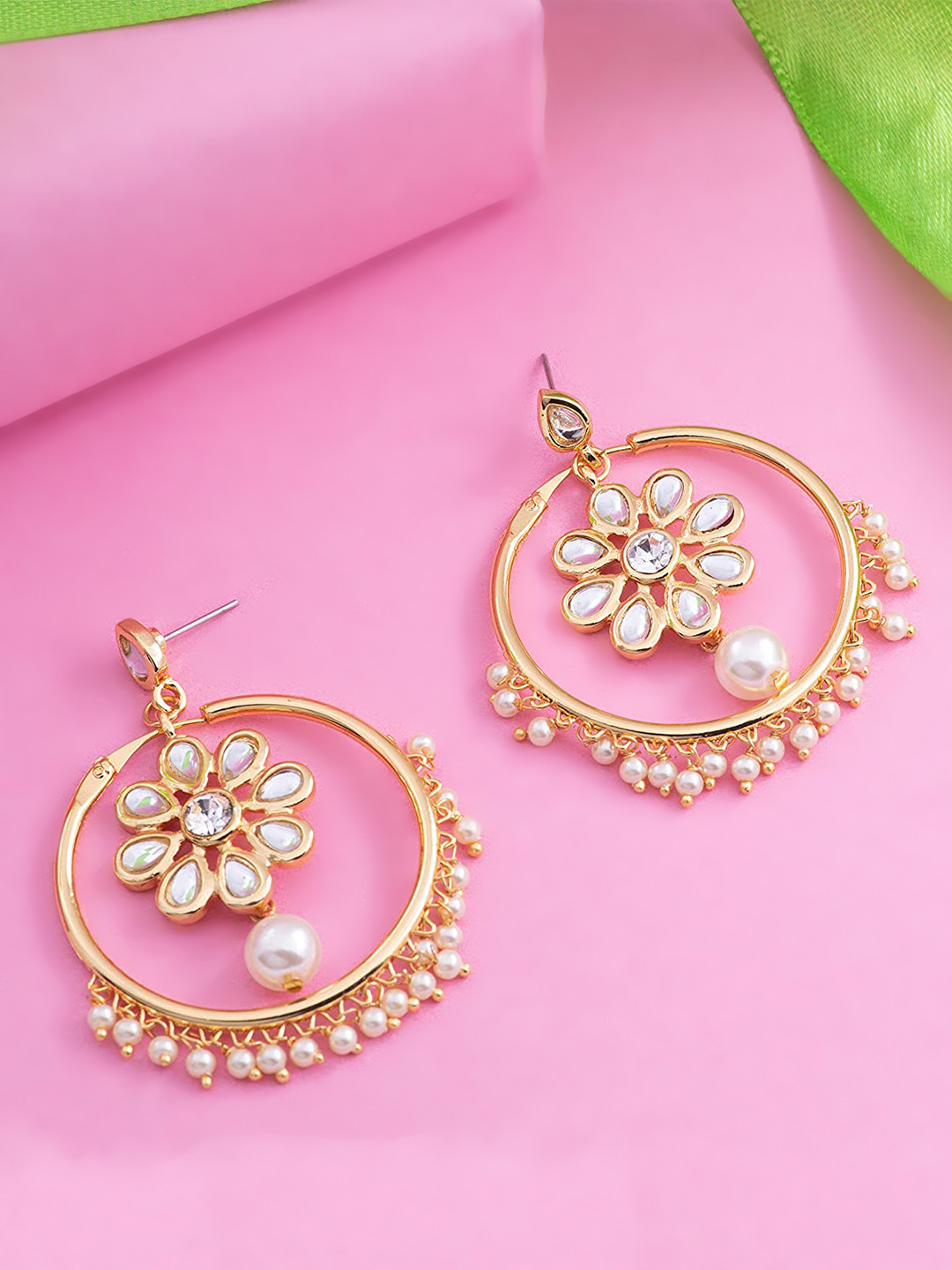 

Estele White & Gold-Toned Circular Drop Earrings