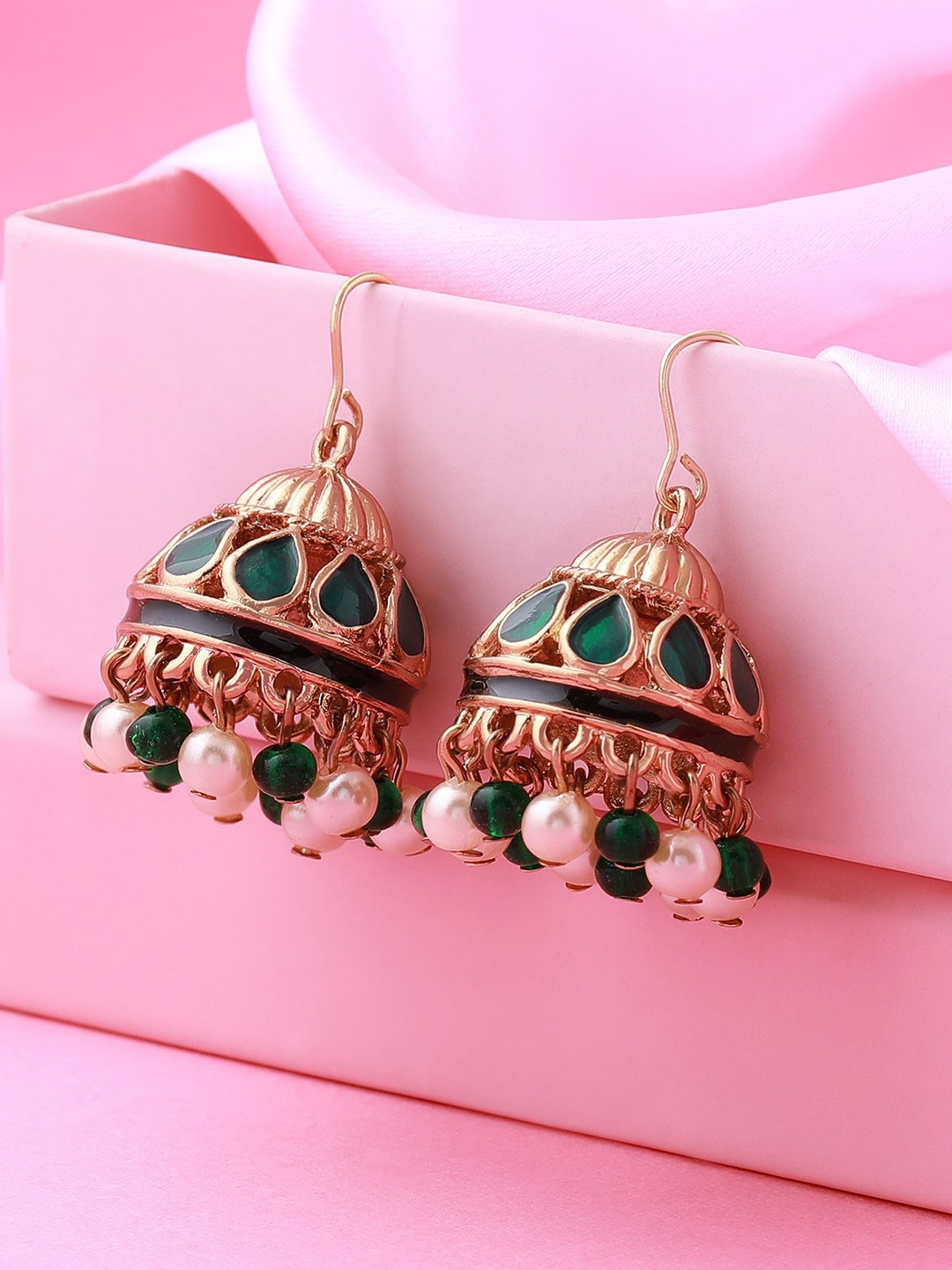 

Estele Gold-Plated & Green Dome Shaped Jhumkas