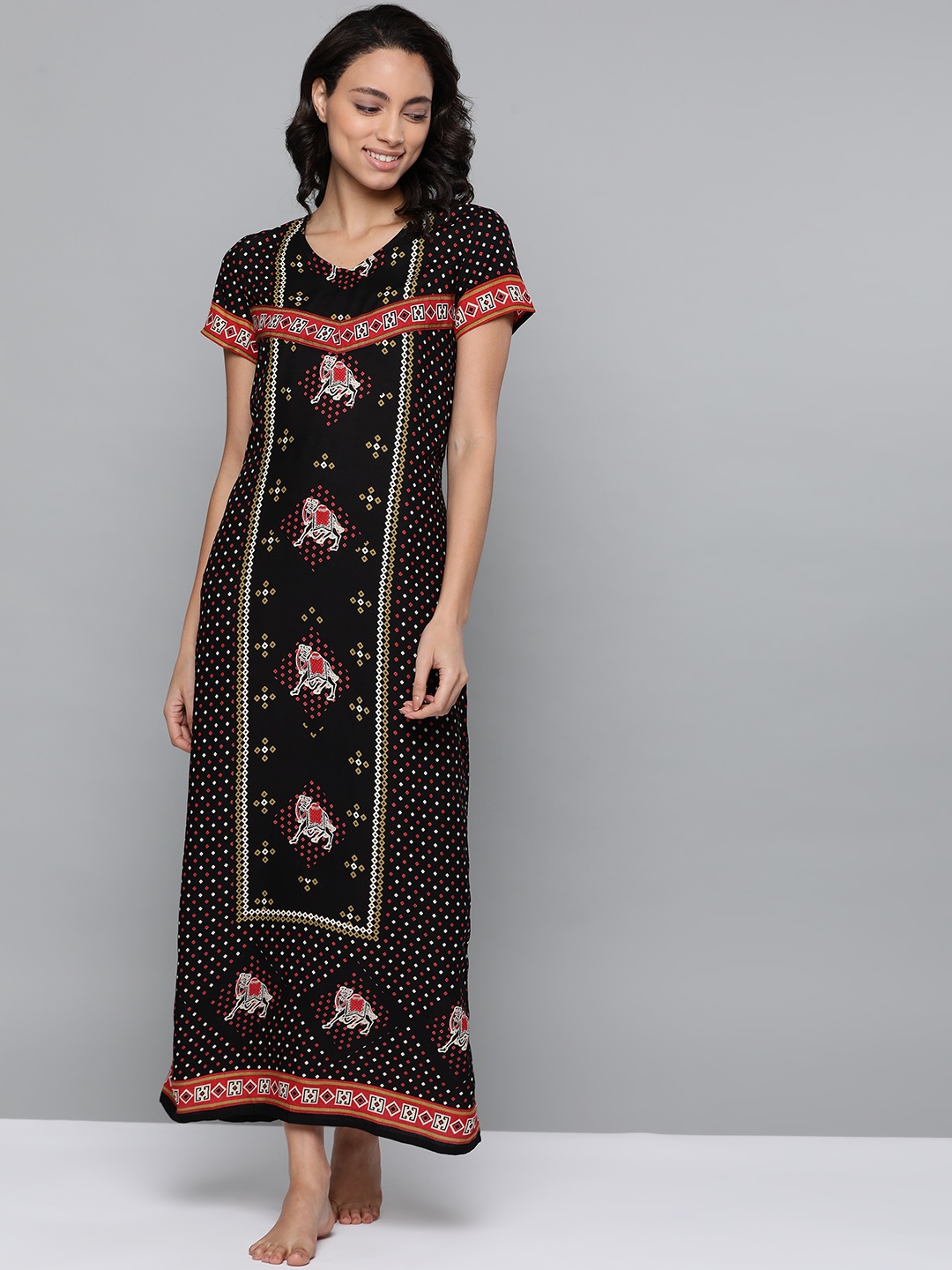 

HERE&NOW Black & Red Ethnic Motifs Print Nightdress
