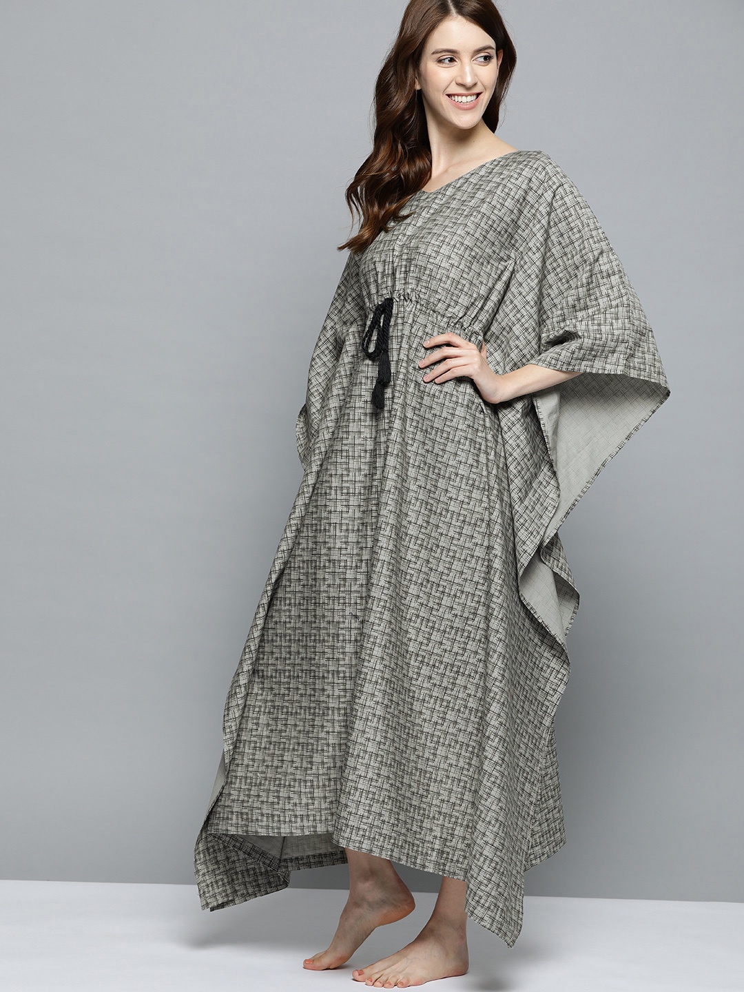 

HERE&NOW Grey & Black Printed Kaftan Style Nightdress
