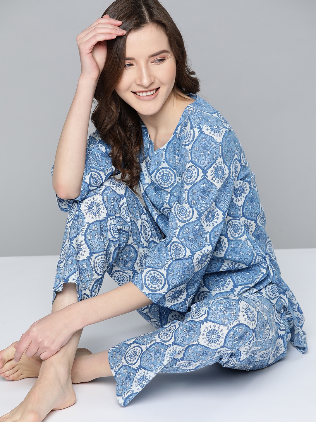 

HERE&NOW Women Blue Ethnic Motifs Print Pure Cotton Night suit