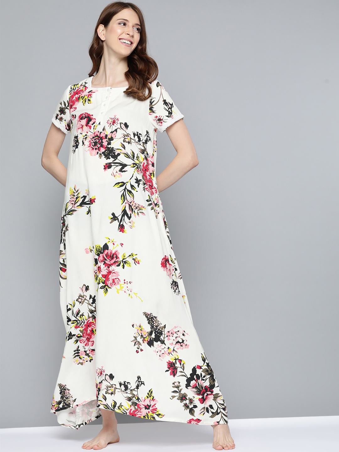 

HERE&NOW White & Pink Floral Print Maxi Nightdress