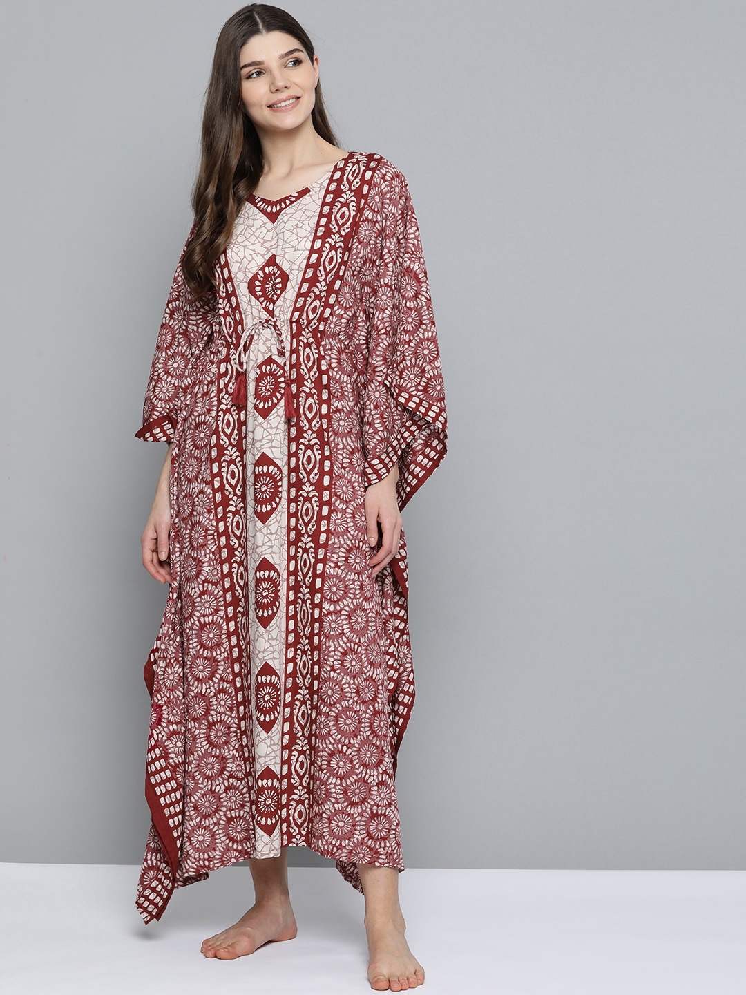 

HERE&NOW Maroon & Off-White Printed Kaftan Maxi Nightdress