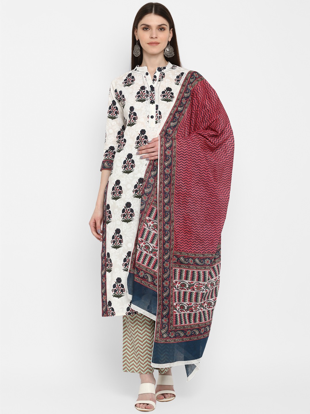 

Vbuyz Women White & Green Printed Kurta with Palazzos & Dupatta