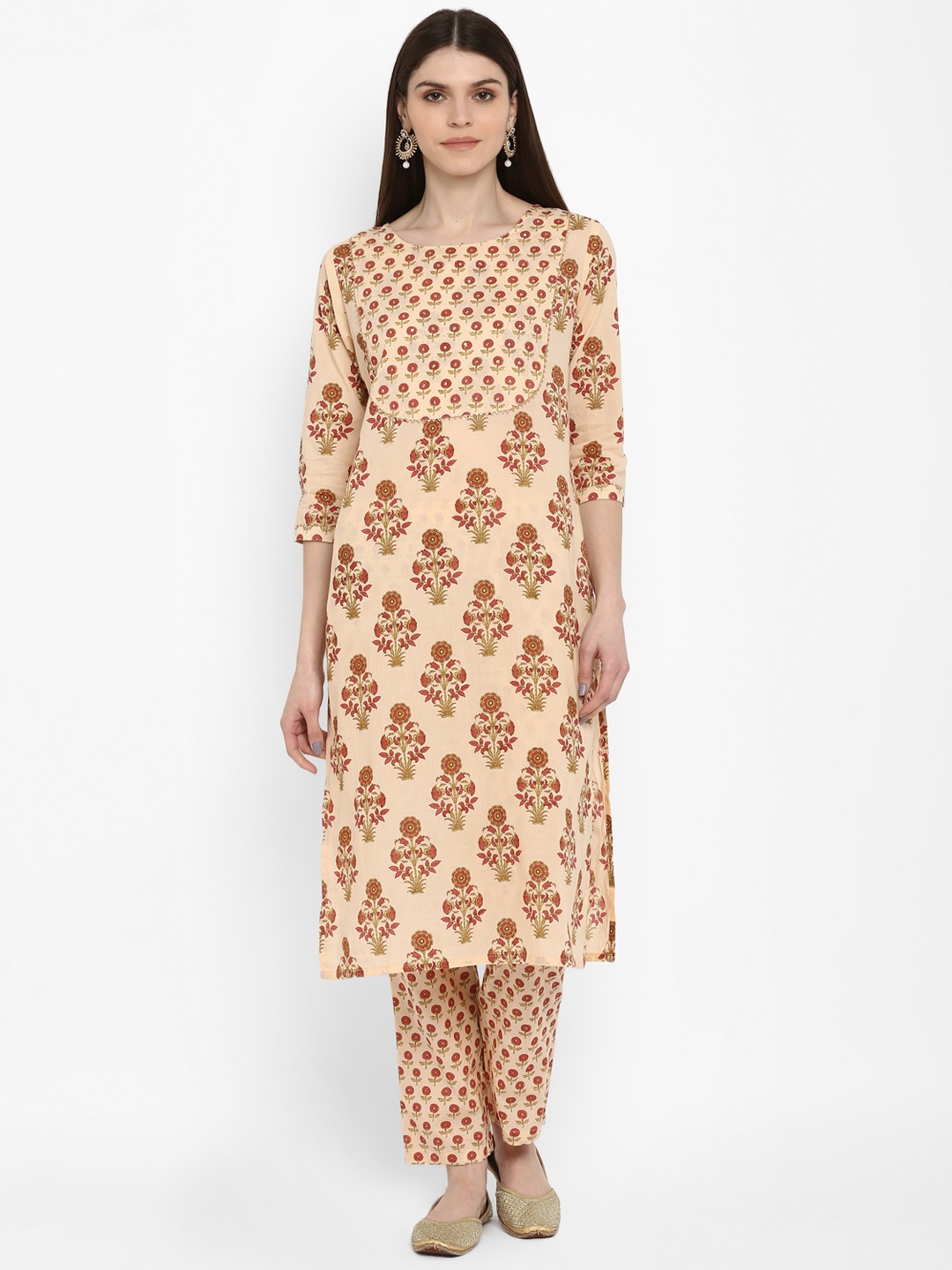 

Vbuyz Women Peach-Coloured & Cream-Coloured Printed Kurta with Trousers