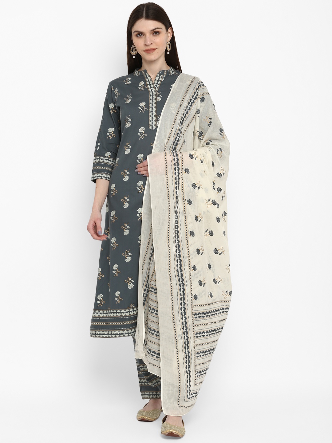 

Vbuyz Women Grey & Off-White Printed Kurta with Patiala & Dupatta
