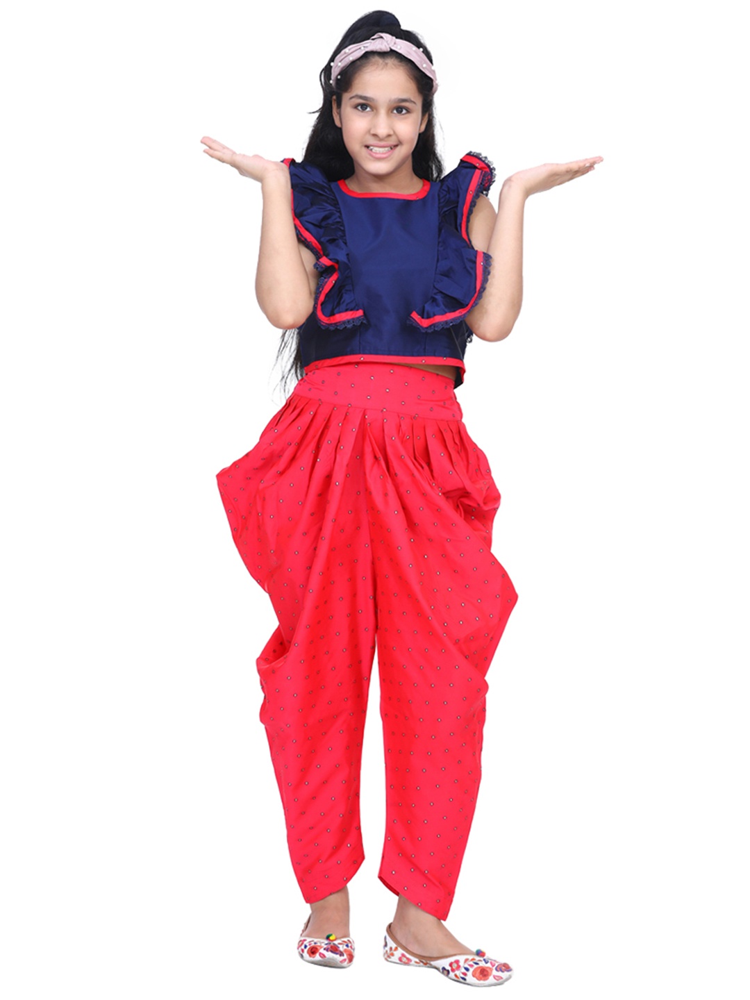 

ADIVA Girls Red & Navy Blue Solid Top with Patiala