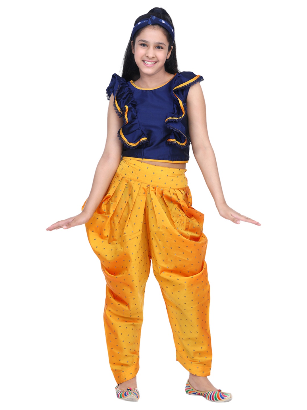 

ADIVA Girls Mustard Yellow & Navy Blue Solid Top with Patiala