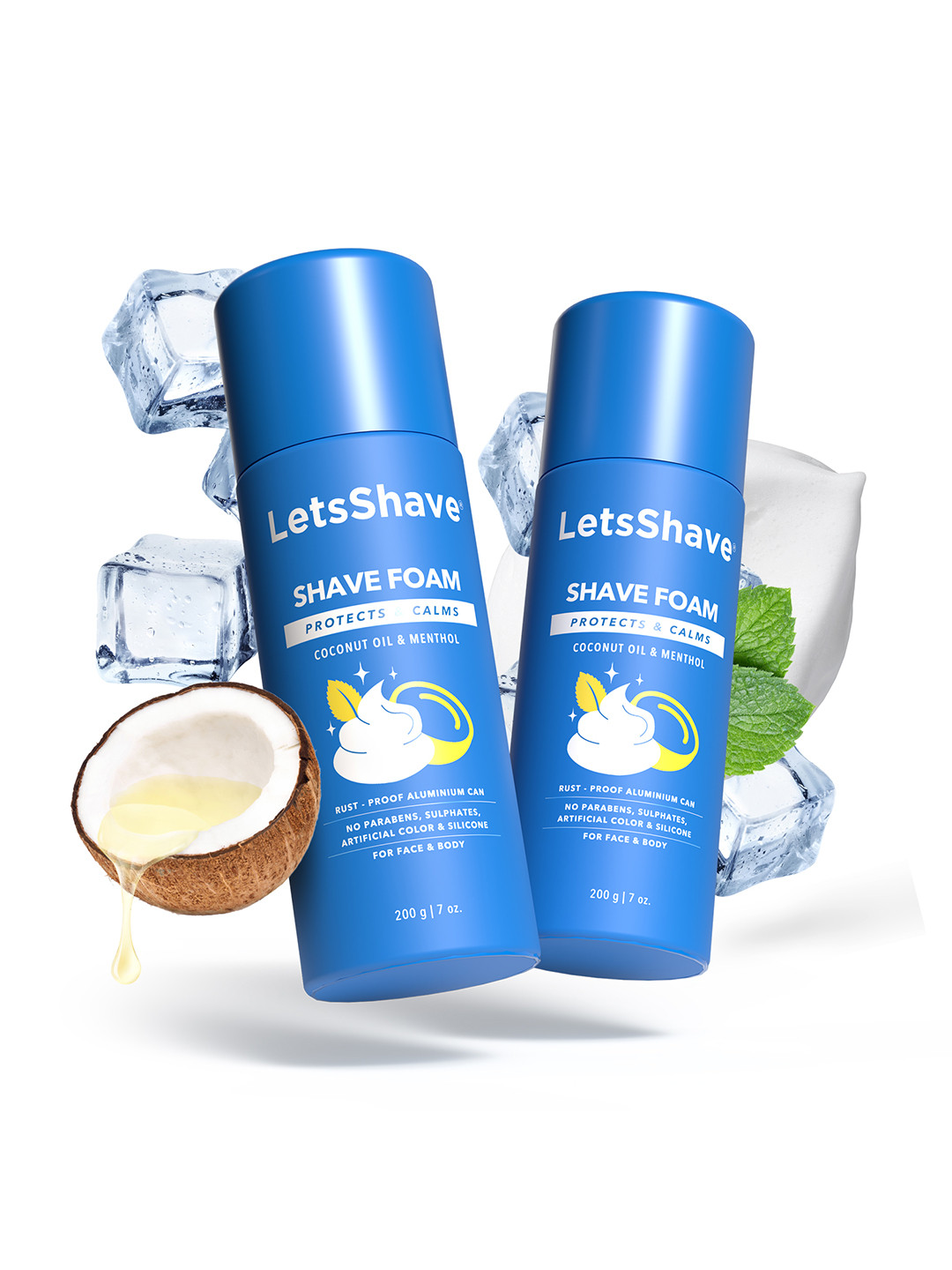 

LetsShave Men Set Of 2 Coconut Oil & Menthol Shaving Foam - 200g Each, Blue