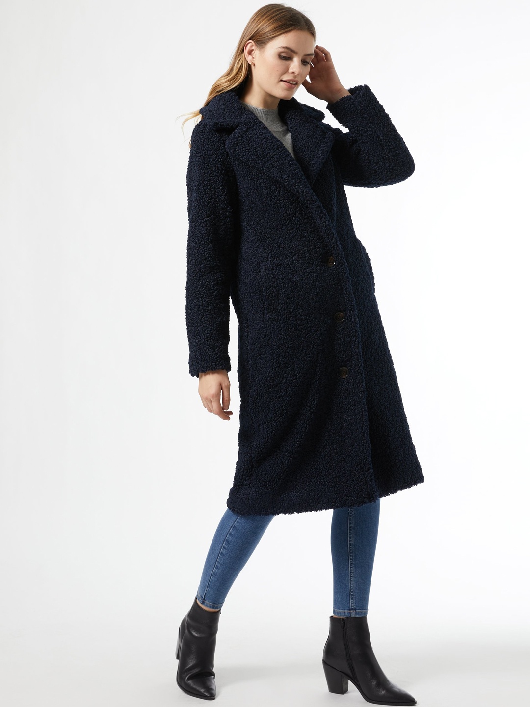 

DOROTHY PERKINS Women Navy Blue Sherpa Longline Overcoat